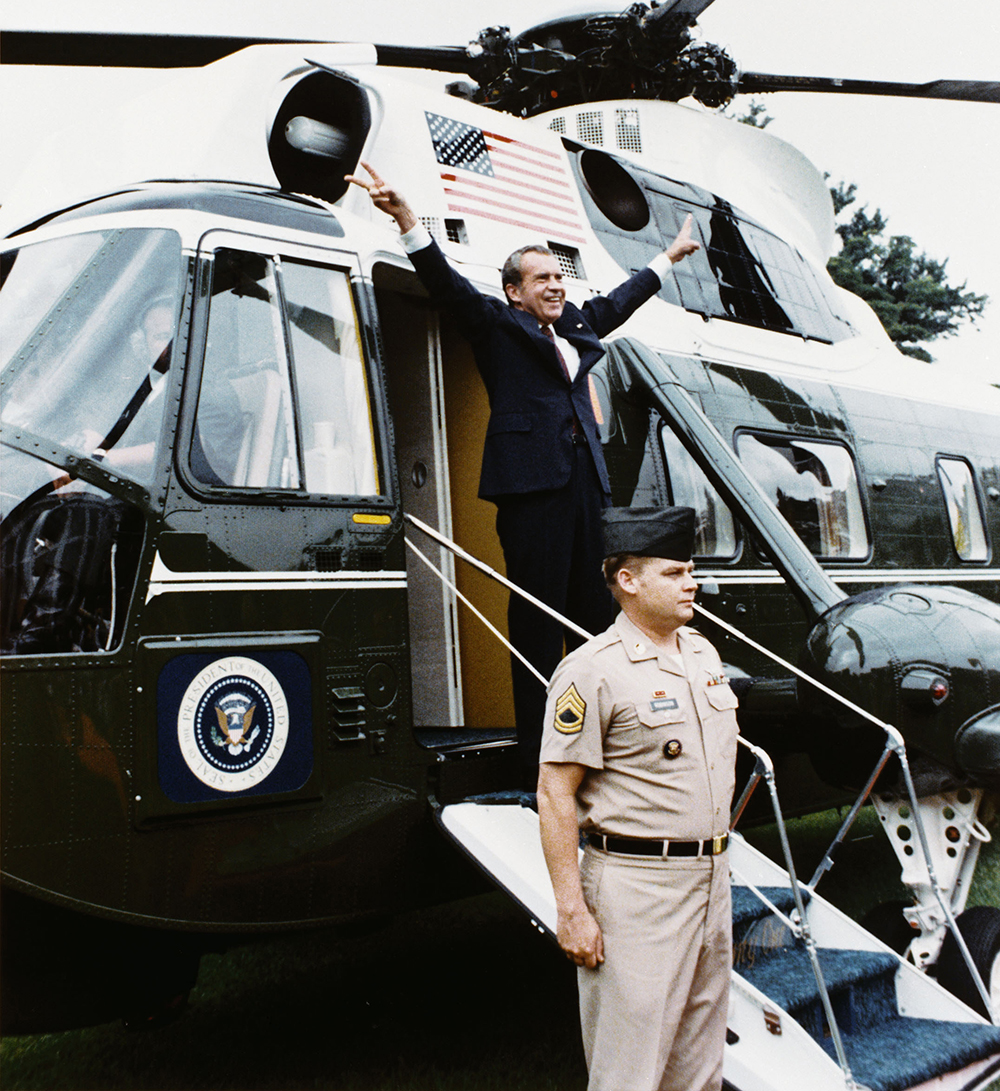 Richard Nixon departing the White House after resigning from the U.S. presidency, 1974.
