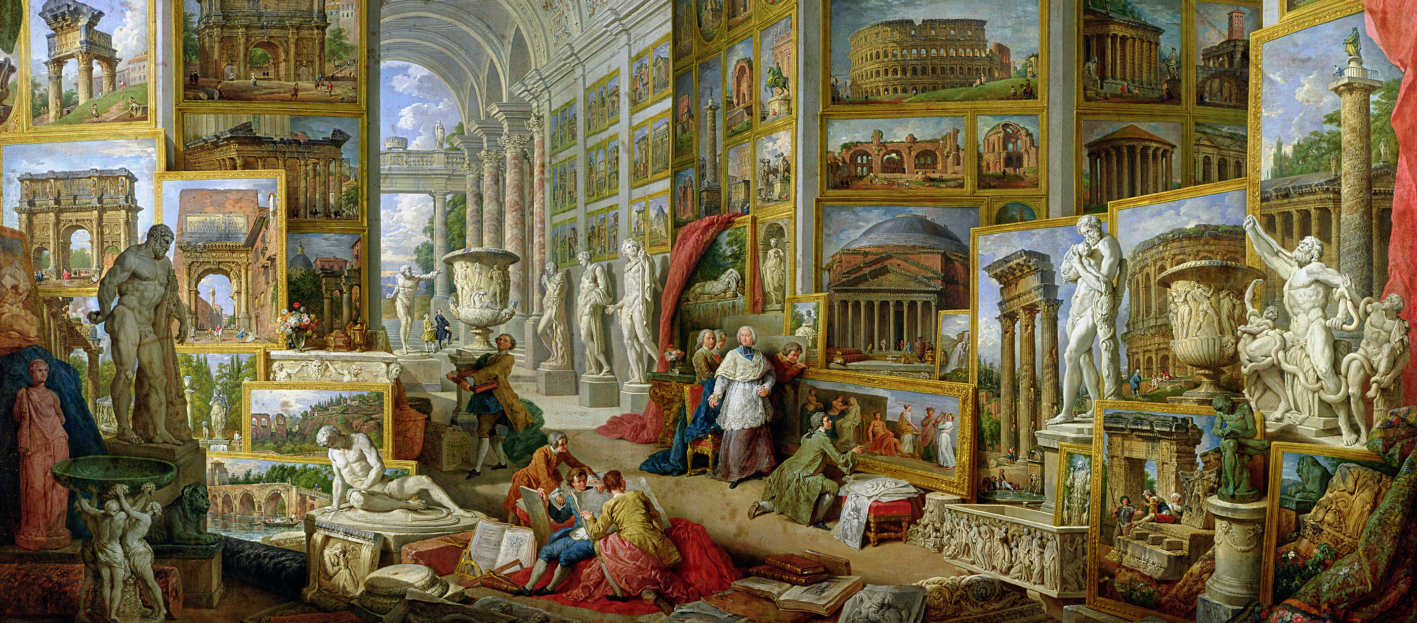 Painting showing an gallery with many paintings of Ancient Rome.