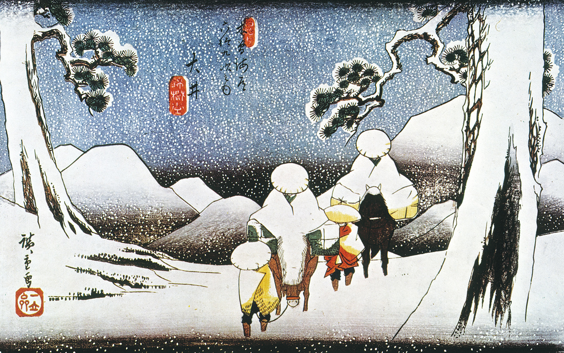 Travelers in the snow at Oi, from Sixty-nine Stations on the Kisokaidō, by Hiroshige, c. 1840. 