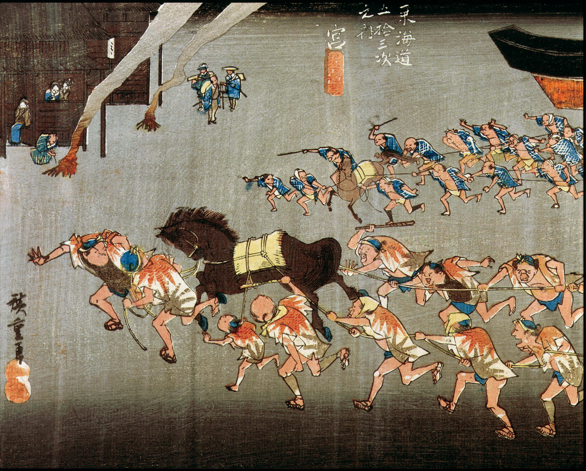 Horse race at the Atsuta shrine, Japan, from Fifty-three Stations of the Tokaido (detail), by Ando Hiroshige, c. 1834. Museum of Fine Arts, Boston. 