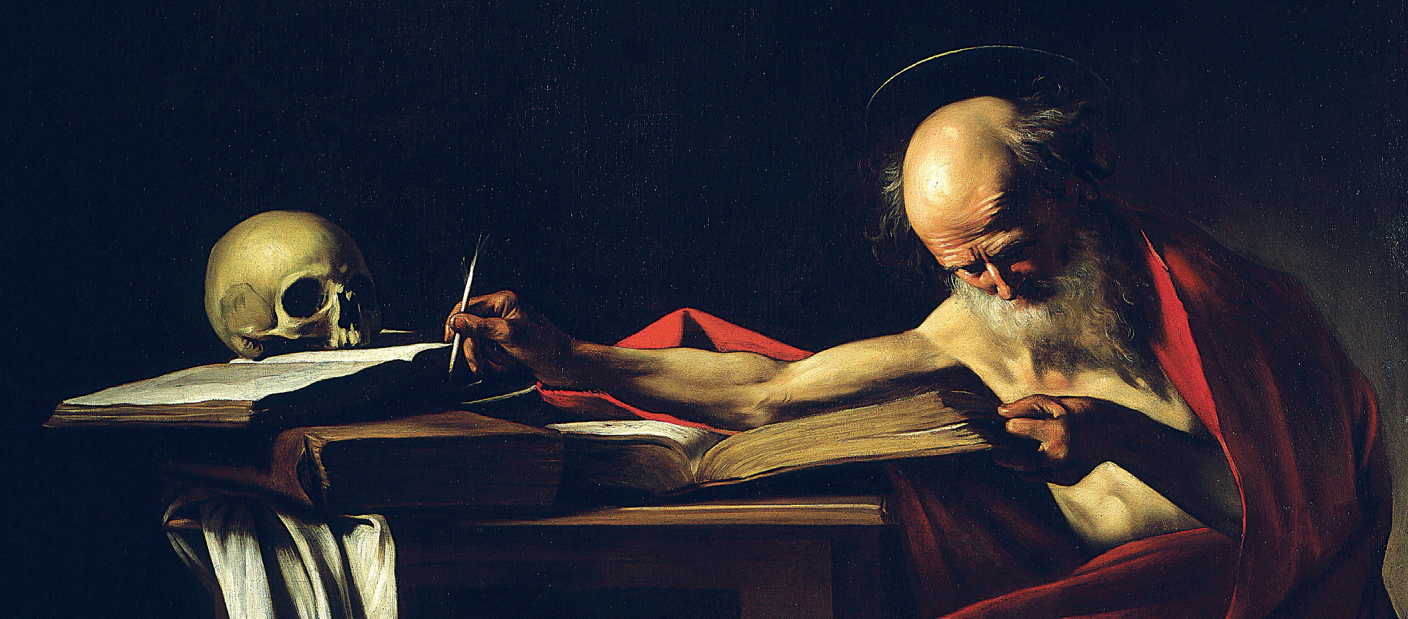 Saint Jerome Writing, by Michelangelo Caravaggio, 1606. Galleria Borghese, Rome, Italy. 