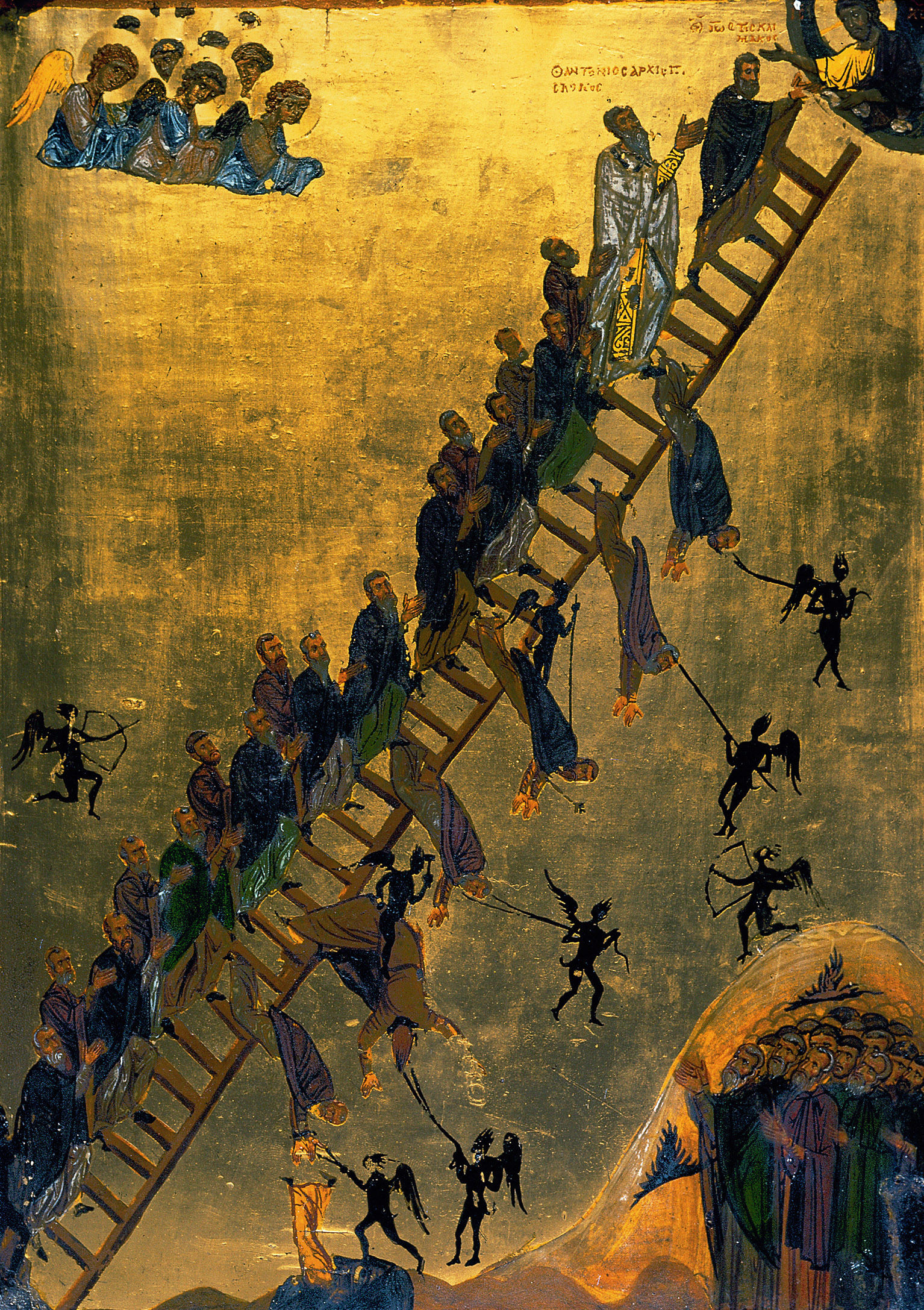 Monks climbing to heaven or being pulled to hell, twelfth-century illustration of The Ladder of Divine Ascent, a seventh-century guide to ascetic and mystical living, by St. John Climacus. Saint Catherine's Monastery, Mount Sinai, Egypt. 