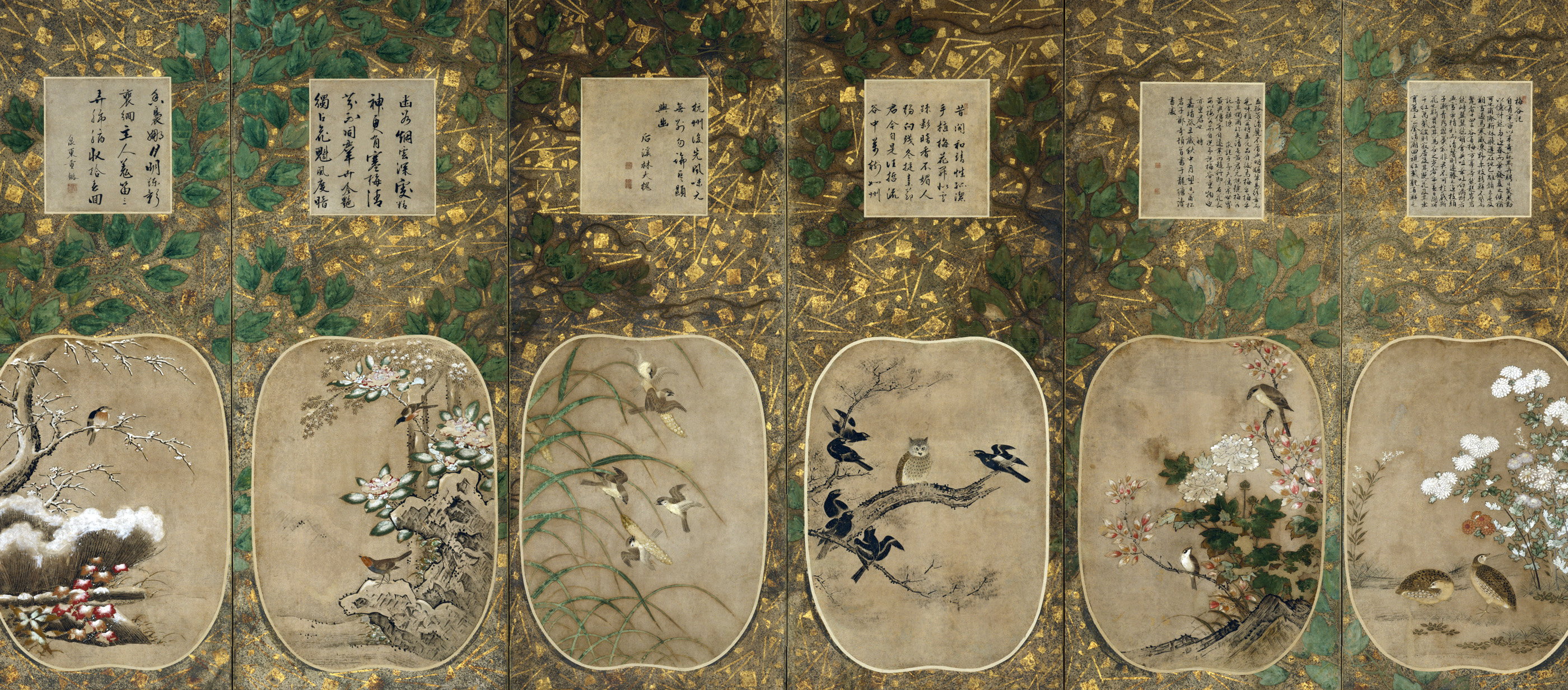 Six-panel folding screen with birds and flowers, accompanied by Chinese calligraphy, representing the months of the year,