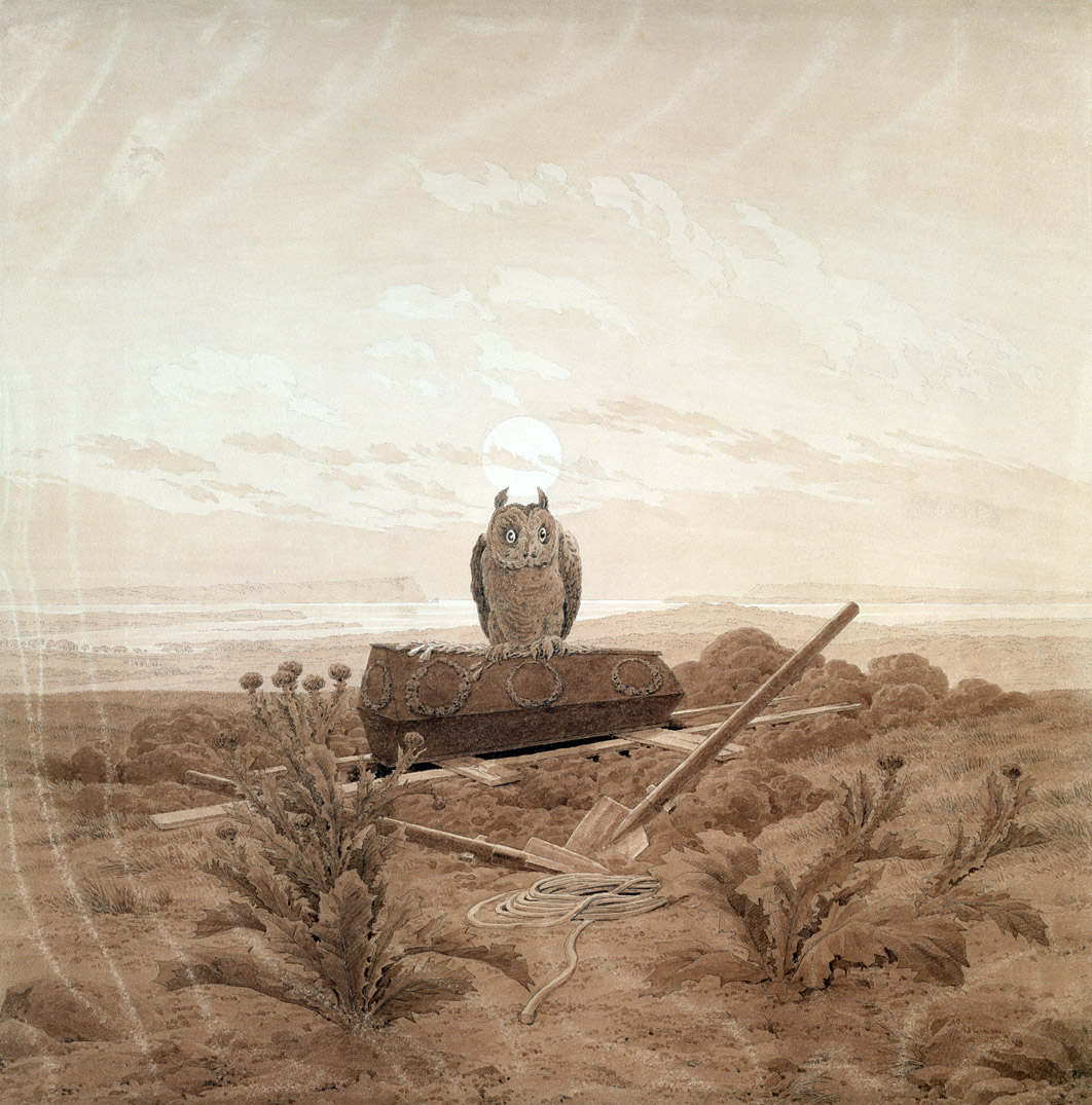 Landscape with Grave, Coffin, and Owl, by Caspar David Friedrich, c. 1836. Hamburger Kunsthalle, Hamburg, Germany. 