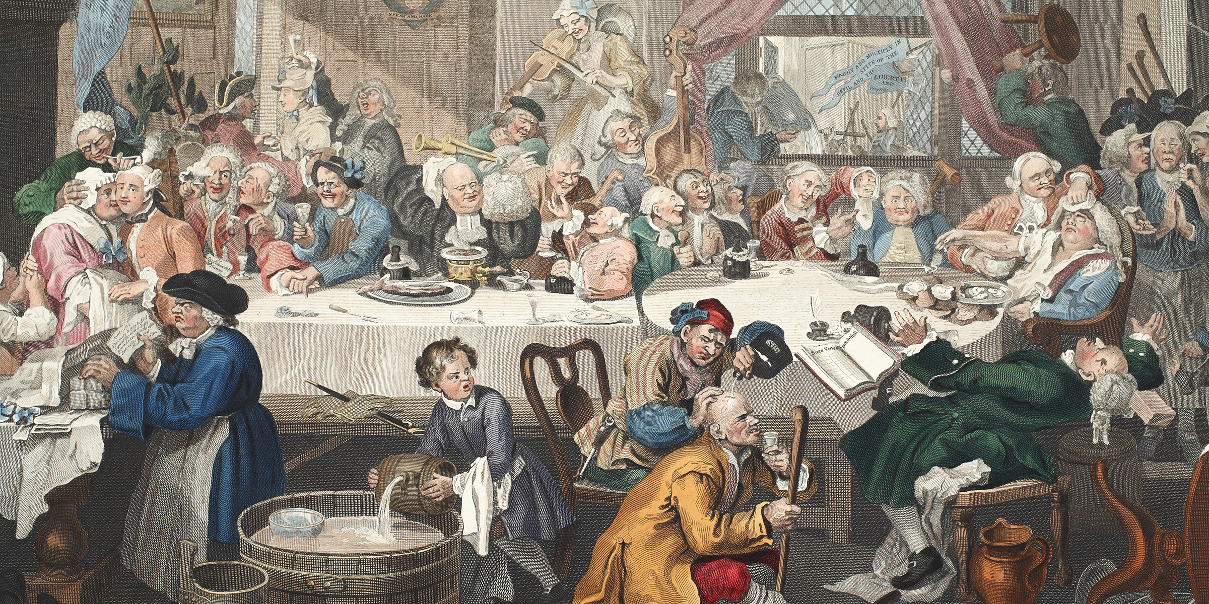 An Election Entertainment (detail), engraving by Thomas Cook after William Hogarth, 1812. The Stapleton Collection / Bridgeman Images. An Election Entertainment (detail), engraving by Thomas Cook after William Hogarth, 1812.