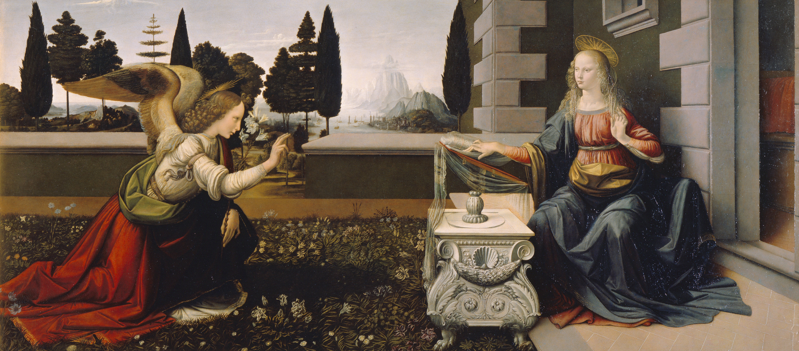 Annunciation, by Leonardo da Vinci, c. 1472–75. Uffizi Gallery, Florence, Italy.