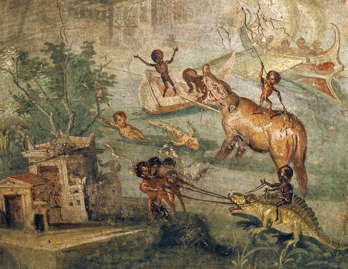 Pygmies hunting a hippopotamus and crocodile along the Nile River, fresco, Pompeii, c. 70.