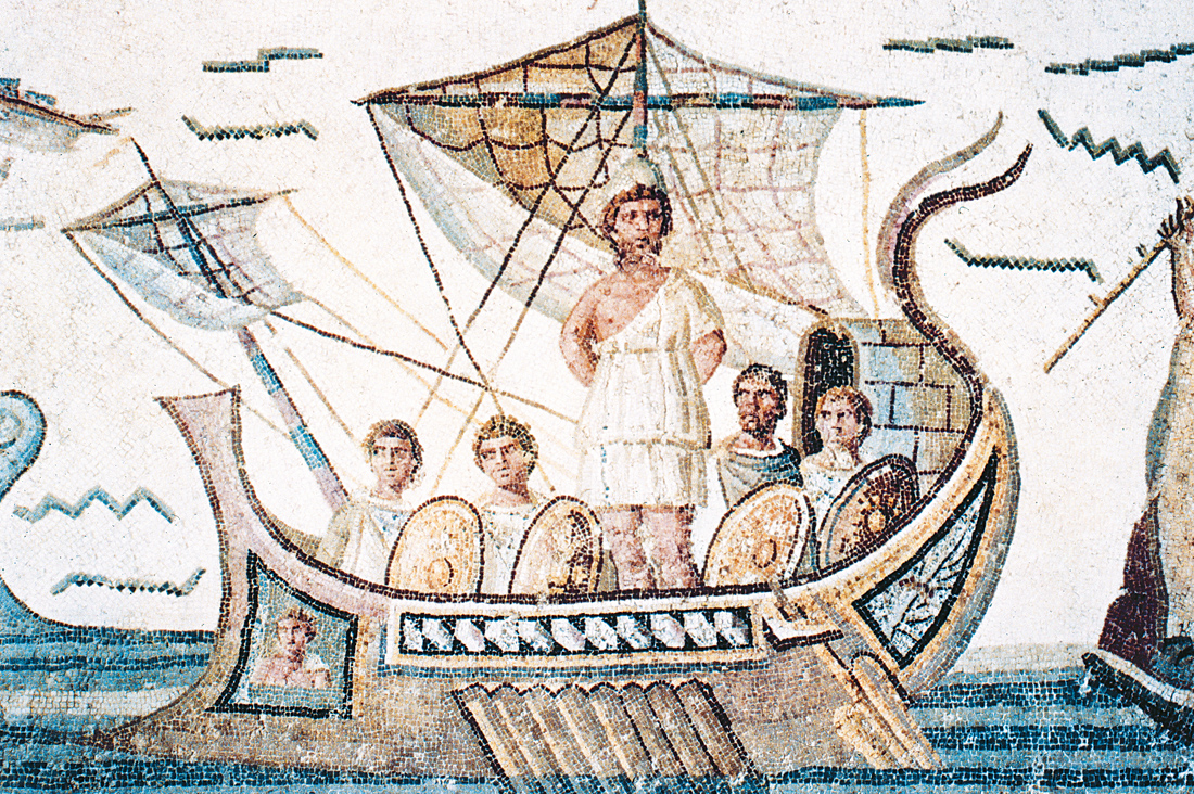 Odysseus and his companions passing the Isle of the Sirens, Roman mosaic, third century. Bardo Museum, Tunis, Tunisia. 