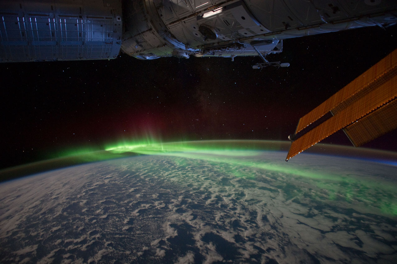 Aurora australis, viewed from 215 nautical miles above the Pacific Ocean, March 2012. Photograph by an American astronaut, taken from the International Space Station. Courtesy of NASA.