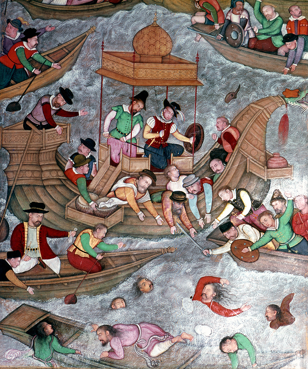 Portuguese mercenaries drowning Sultan Bahadur and Rumi Khan,