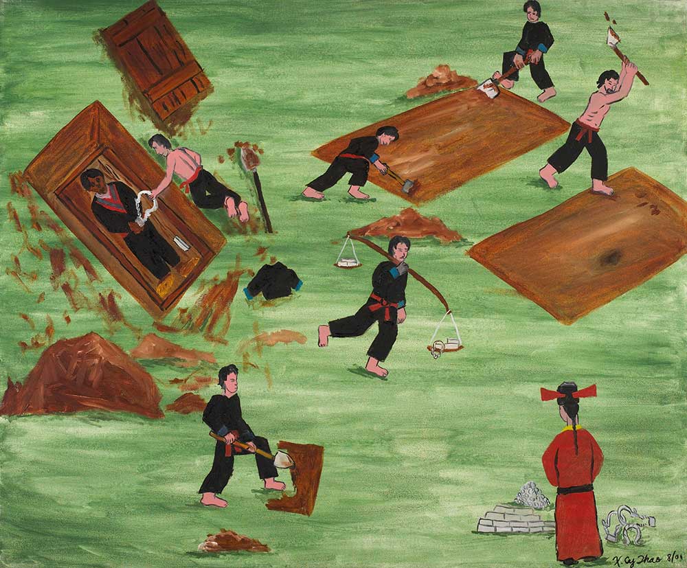 The Taxing of the Poor, from the series The Hmong Migration, by Cy Thao, 1993. © Minneapolis Institute of Art/Bridgeman Images. Painting of men in black digging up graves