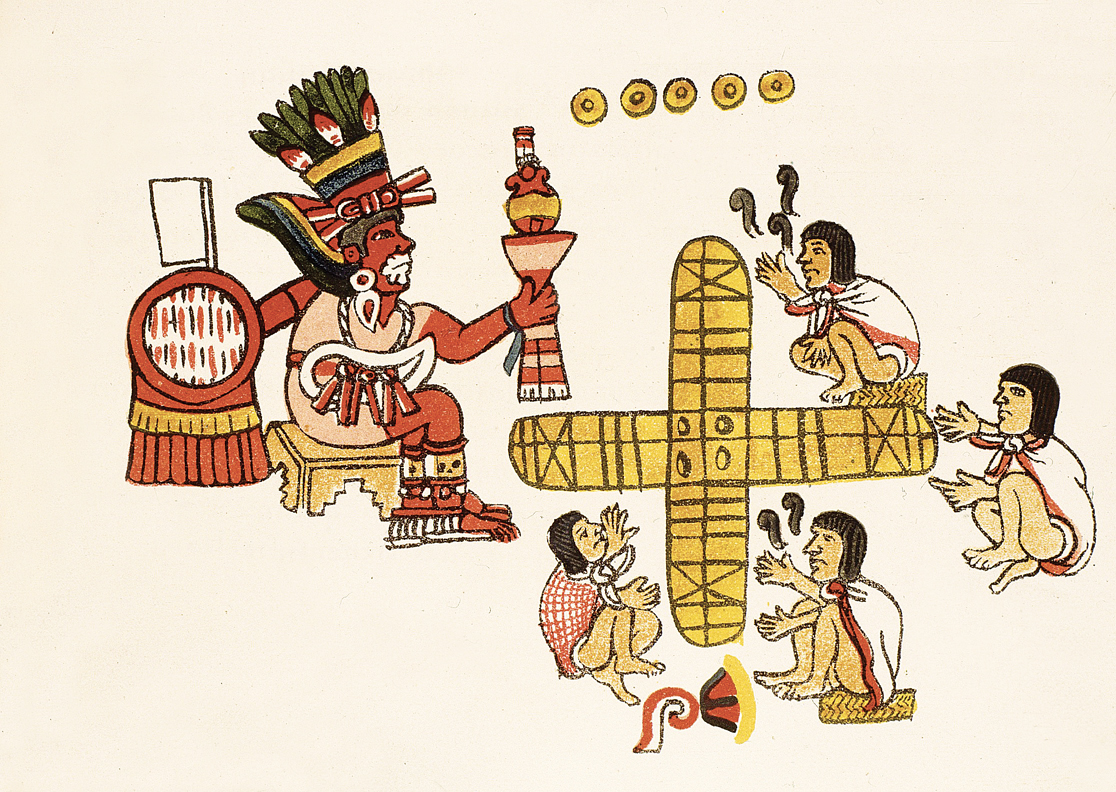 Playing the board game patolli, from the Aztec Magliabecchiano Codex, c. 1566. 