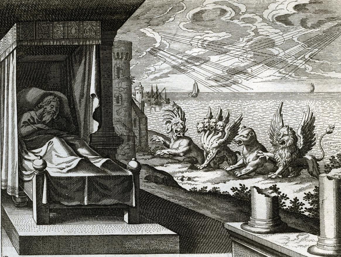Daniel's Vision of the Four Beasts, engraving from Merian’s Illustrated Bible, c. 1627.