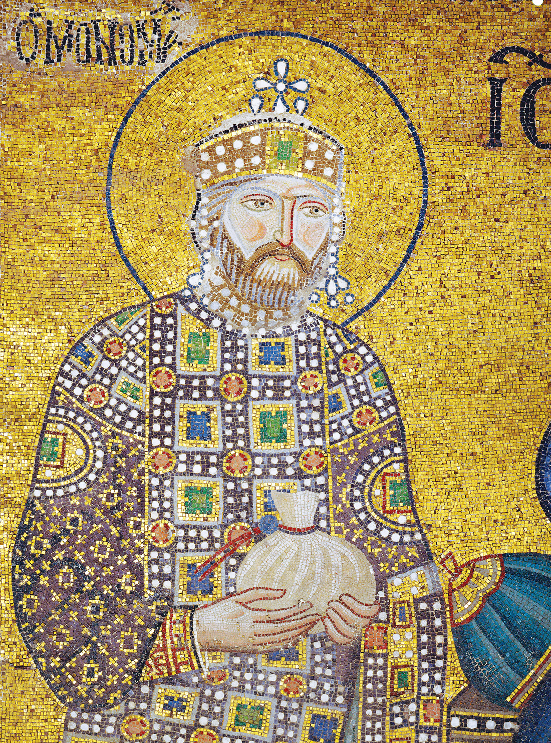 Byzantine emperor Constantine IX Monomachos holding a money-bag for the Church’s endowment, eleventh century. Hagia Sophia, Istanbul, Turkey. 