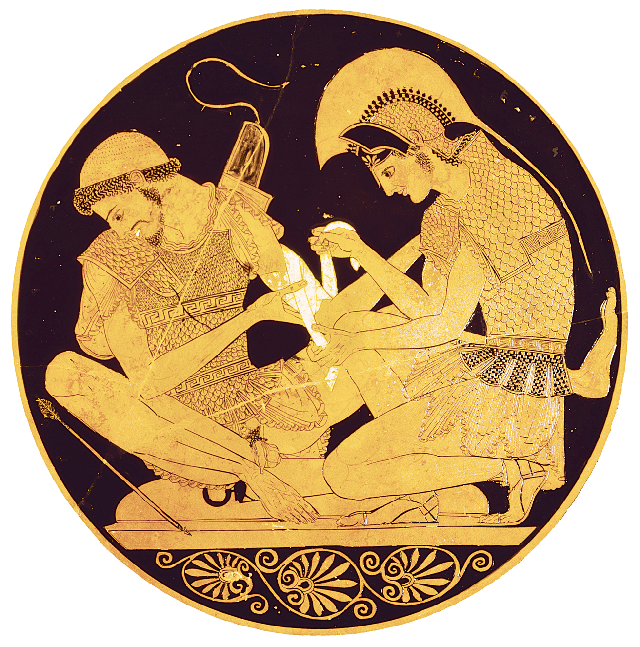 Achilles binding Patroclus’ wounds, from a kylix by the Sosias Painter, c. 500 BC. Altes Museum, Berlin, Germany. 