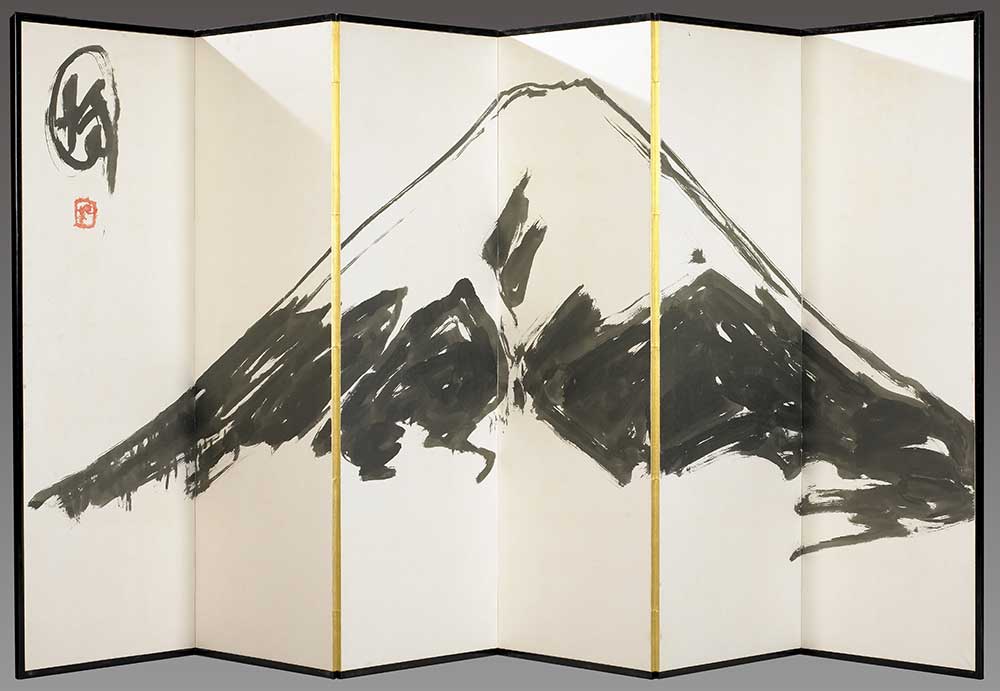 Folding Japanese screen painted with a black mountain with a white peak