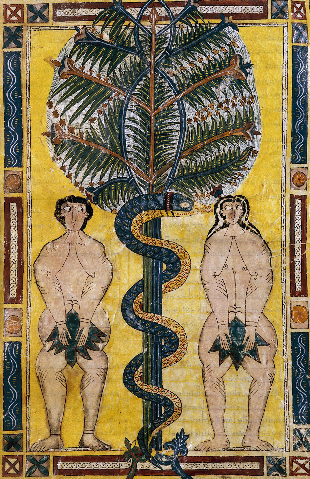 Adam and Eve tempted by the serpent, detail of a miniature from Beatus of Liébana’s Commentary on the Apocalypse.