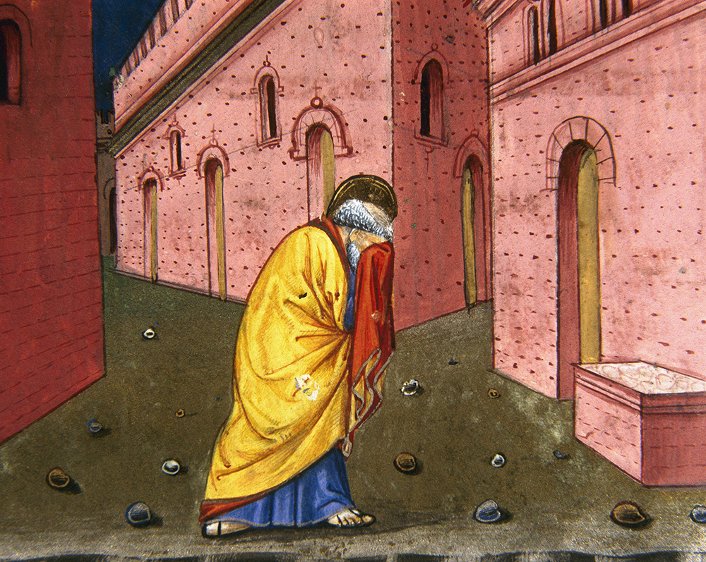 St. Peter realizing he has thrice betrayed Jesus, miniature from the Leggendario Sforza-Savoia, by Cristoforo de Predis, 1476. © Album / Art Resource, NY.