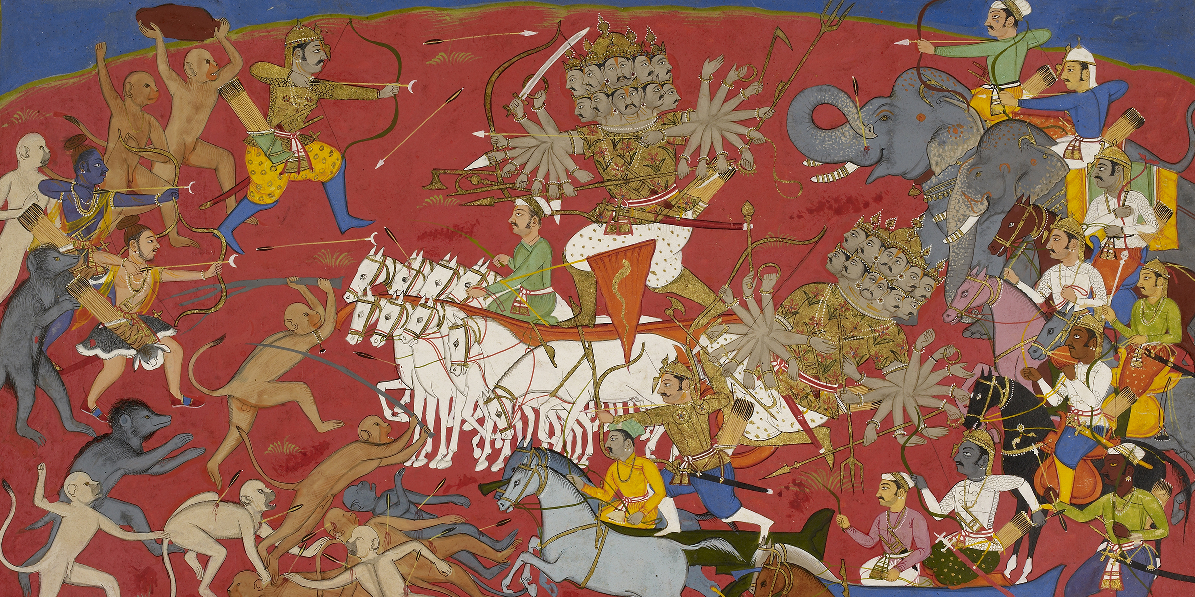 The Combat of Rama and Ravana (detail), Indian tapestry, late eighteenth century. © British Library Board / Robana / Art Resource, NY.