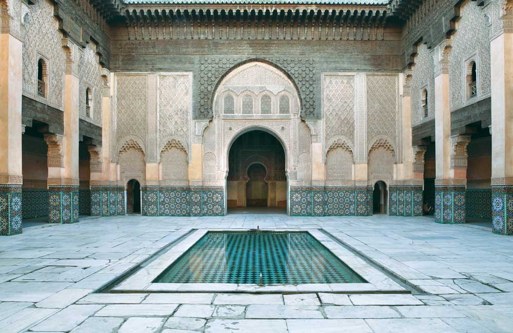 Courtyard of the Ben Youssef Madrassa, Marrakech, Morocco. Photograph by Manuel Cohen. © Manuel Cohen / Art Resource, NY. Courtyard of the Ben Youssef Madrassa, Marrakech, Morocco. Photograph by Manuel Cohen.