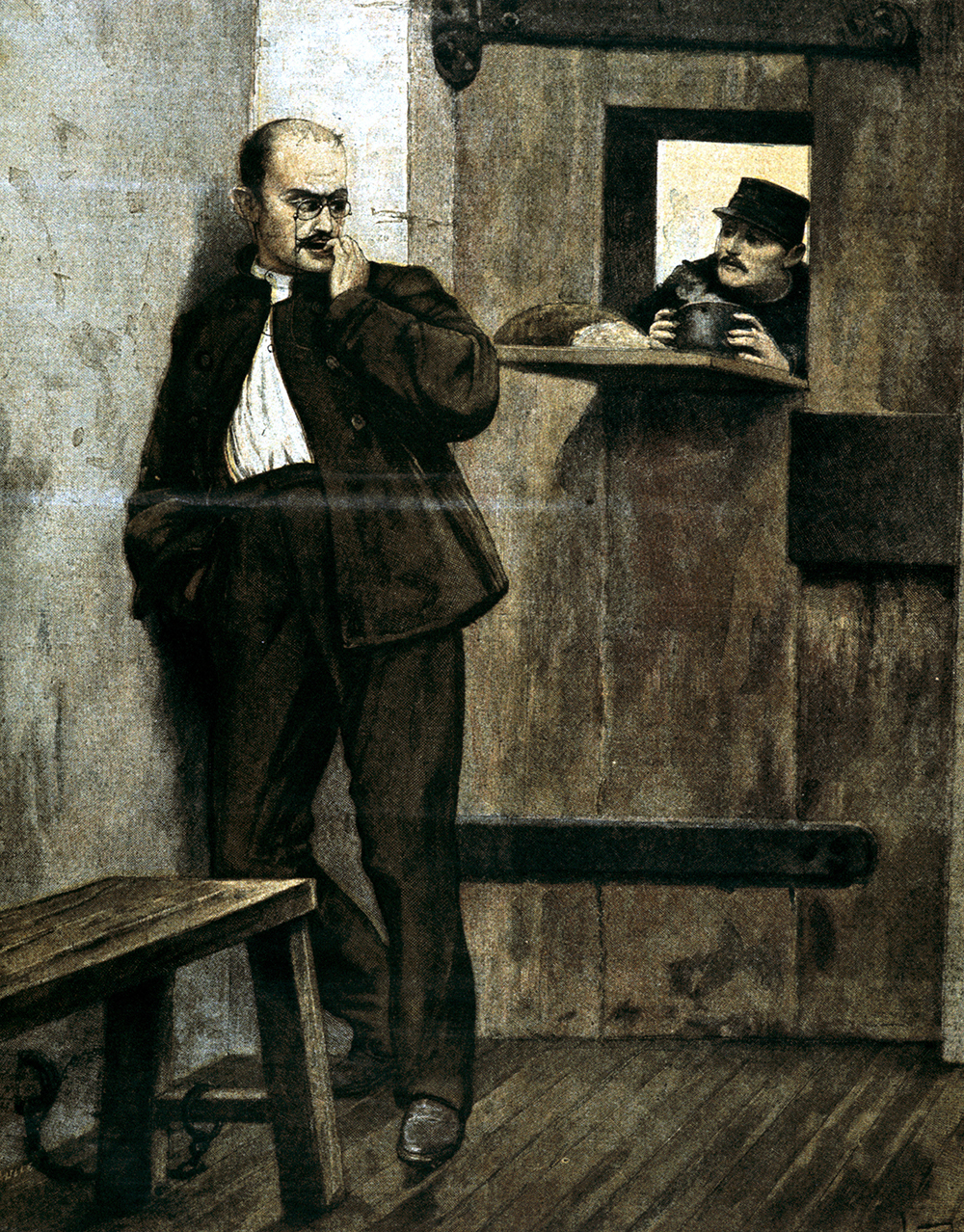 Alfred Dreyfus in Prison, engraving by Fortuné Méaulle after Lionel-Noël Royer, 1895. © HIP / Art Resource, NY. Alfred Dreyfus in Prison, engraving by Fortuné Méaulle after Lionel-Noël Royer, 1895. © HIP / Art Resource, NY.