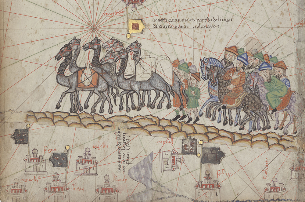 Caravan traveling along the Silk Road, detail from the Catalan Atlas, c. 1375. © Bibliothèque Nationale de France / HIP / Art Resource, NY.