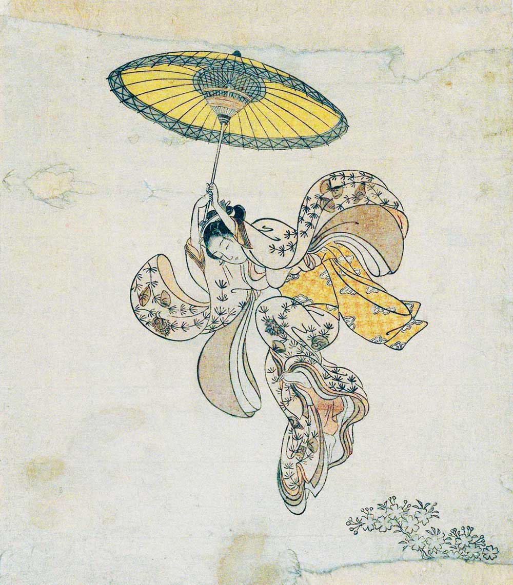 Illustration of a woman in a patterned gown holding a yellow umbrella aloft as she descends 