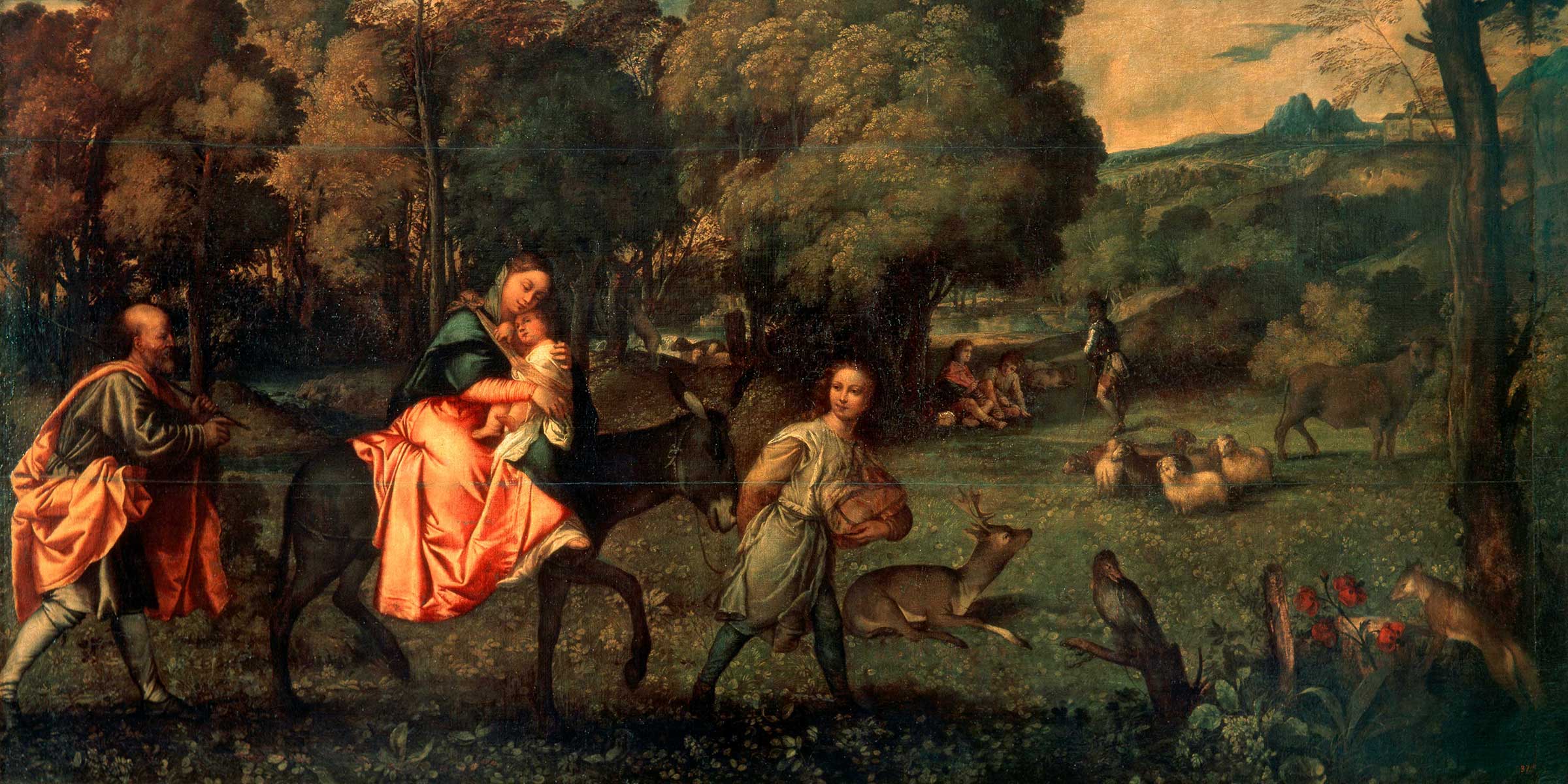 The Flight into Egypt, by Titian, c. 1508. HIP / Art Resource, NY. A woman and child on a horse led by a boy and followed by a man in a wooded area with animals