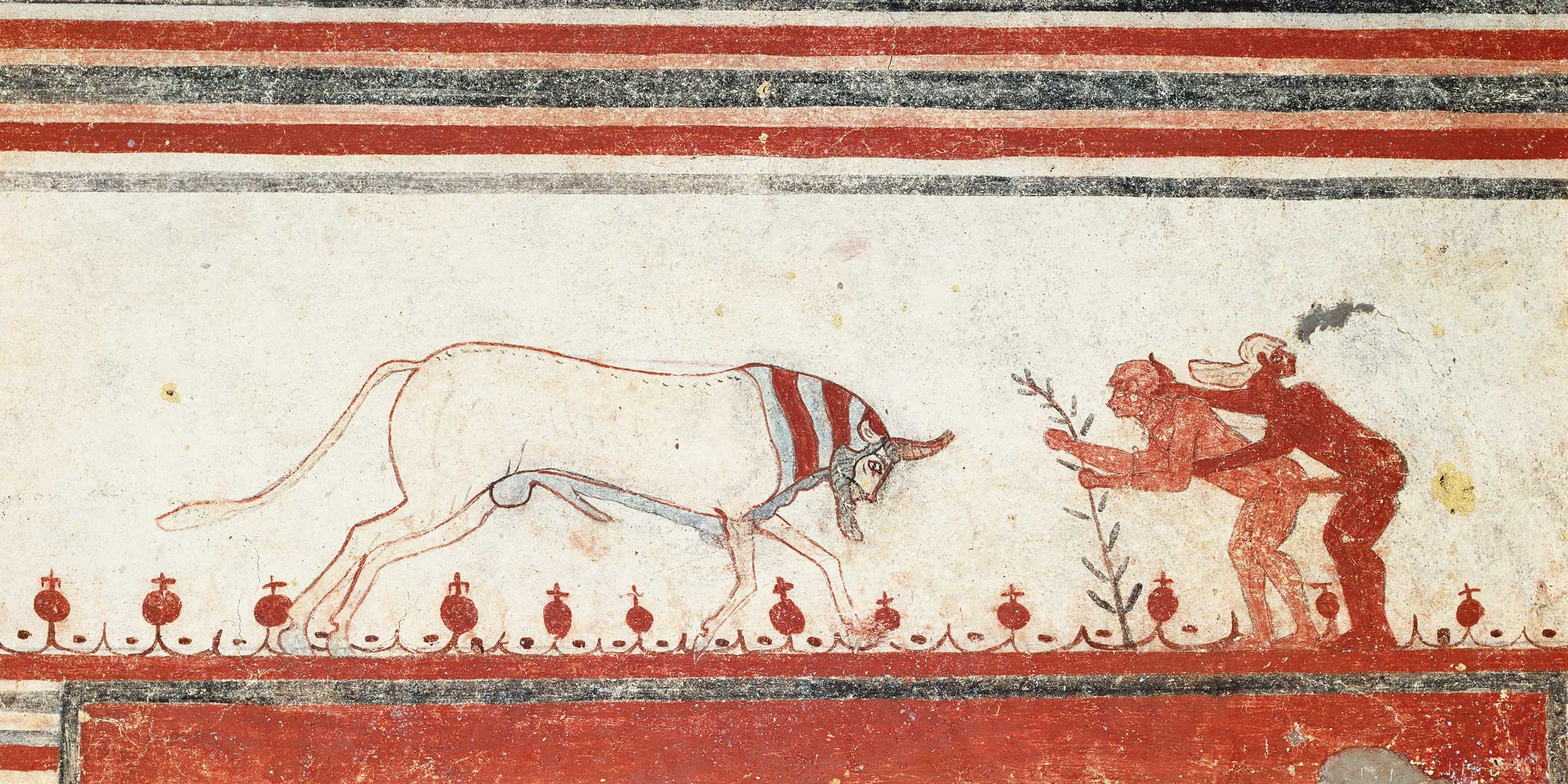 A bull charging a couple in flagrante delicto, Etruscan tomb, Tarquinia, c. 550 BC. Scala/Art Resource, NY. A bull charging a couple in flagrante delicto, Etruscan tomb, Tarquinia, c. 550 BC. Scala/Art Resource, NY.