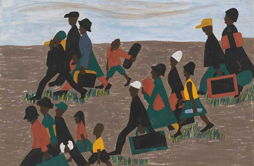 The Migrants Arrived in Great Numbers, by Jacob Lawrence, c. 1940. Painting of four Black families in bright clothing walking with luggage