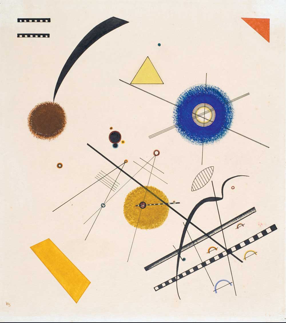 Three Free Circles, by Wassily Kandinsky, 1923. © ARS, NY/Digital image © 2023 Museum Associates/LACMA/Licensed by Art Resource, NY. Abstract painting of brown, yellow, and blue circles and other shapes.