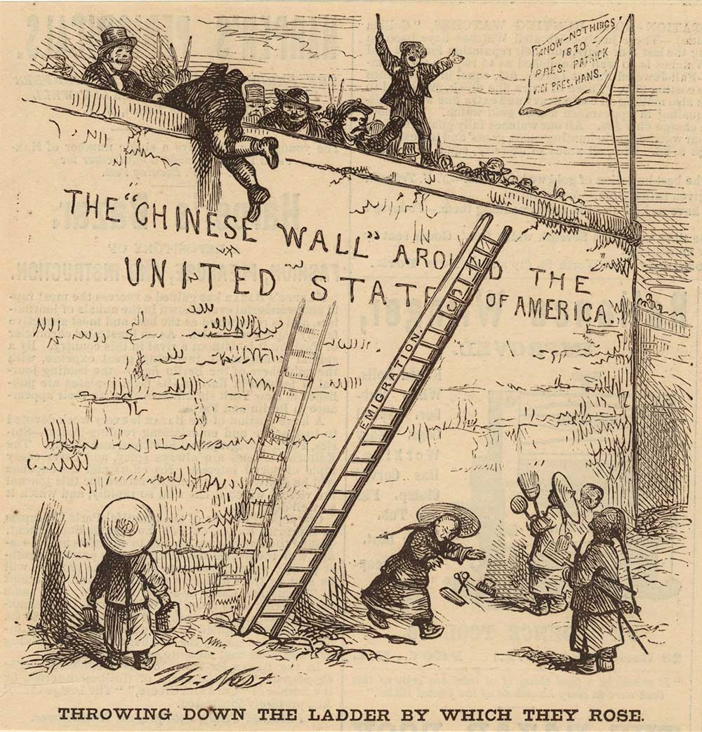 Men at the top of the Chinese Wall Around the USA knocking down a ladder onto Chinese people below.