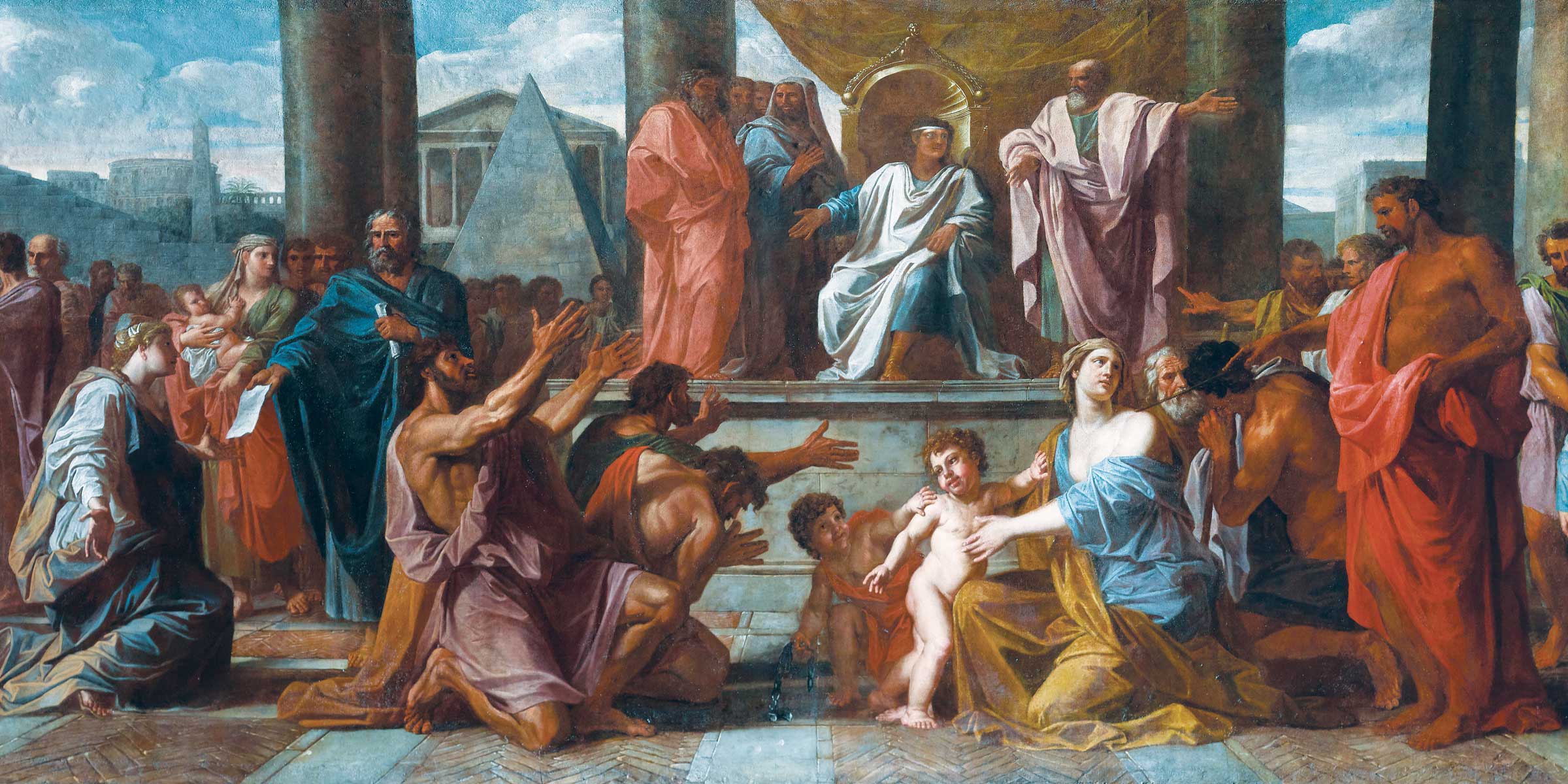 Supplicants in robes surrounding a man on a throne.