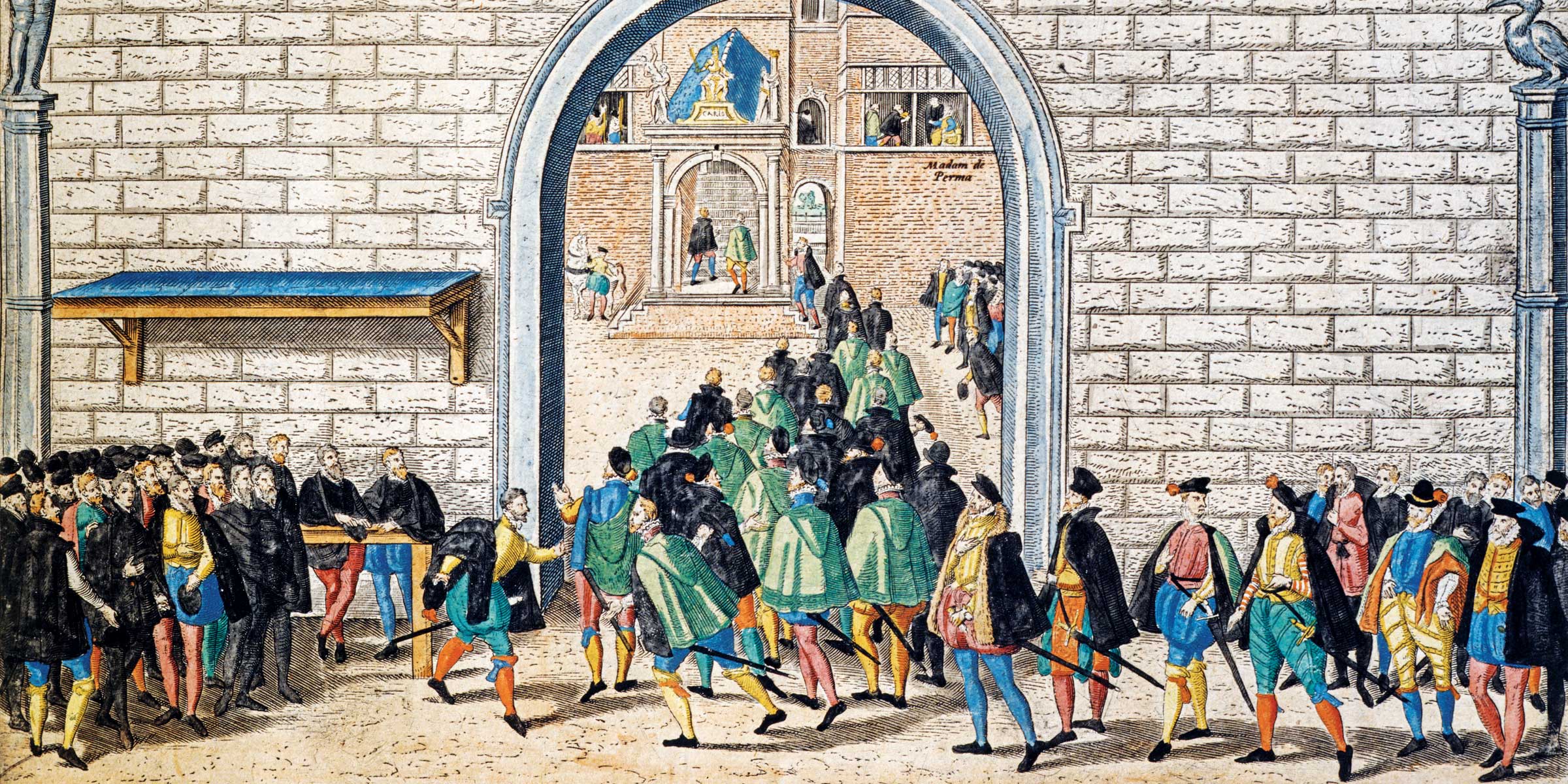 A crowd of colorfully dressed men in capes entering a stone archway.