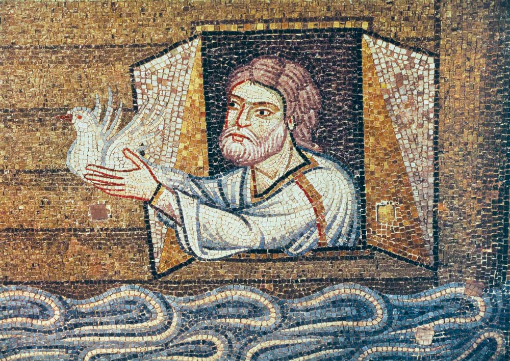 Mosaic of a bearded man holding a dove outside a ship window with waves below.