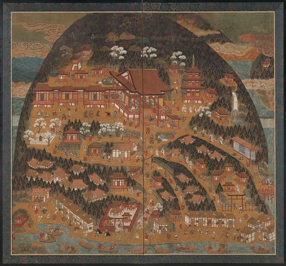 Chomeiji Temple pilgrimage mandala, Japan, c. 1630. The Metropolitan Museum of Art, purchase, Sue Cassidy Clark gift, in honor of D. Max Moerman, 2016. Mountainside temple grounds filled with buildings and activity, with ships in the water at bottom