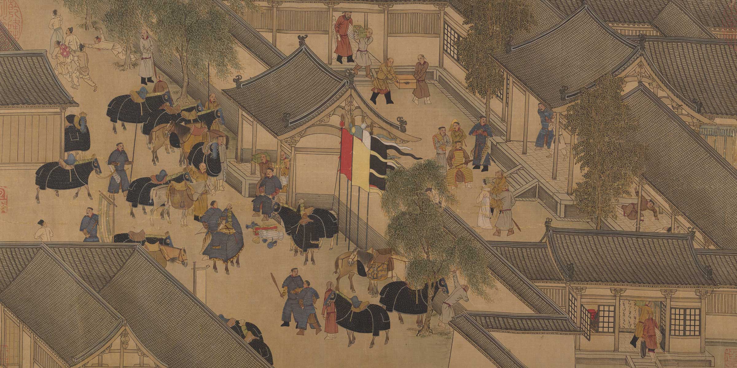 Scroll of nomads on horseback invading a courtyard