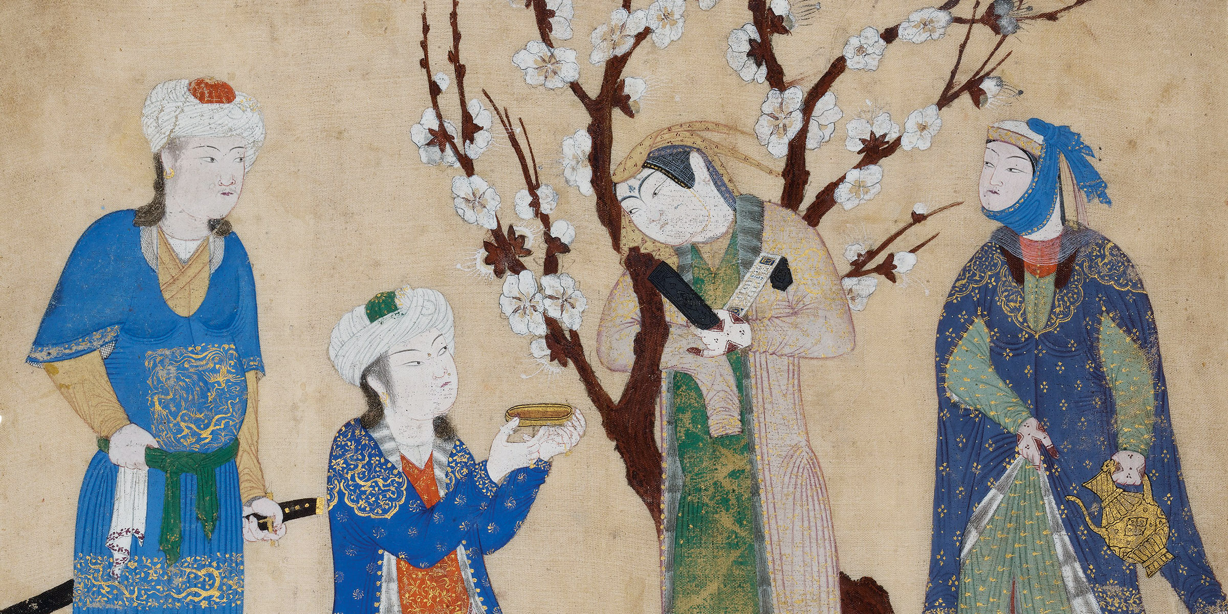 Wine Drinking in a Spring Garden, Persian silk album leaf, c. 1430.