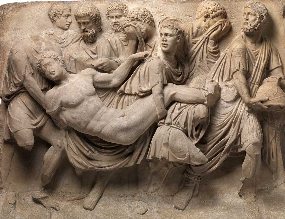 Marble sarcophagus fragment depicting the death of Meleager, Rome, mid-second century.