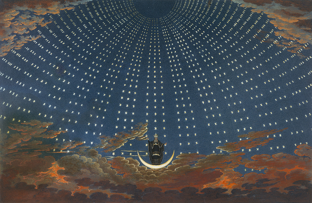 Design for the Queen of the Night’s palace based on an 1816 production of Mozart’s The Magic Flute, by Karl Friedrich Thiele after Karl Friedrich Schinkel, c. 1848. The Metropolitan Museum of Art, The Elisha Whittelsey Collection, The Elisha Whittelsey Fu