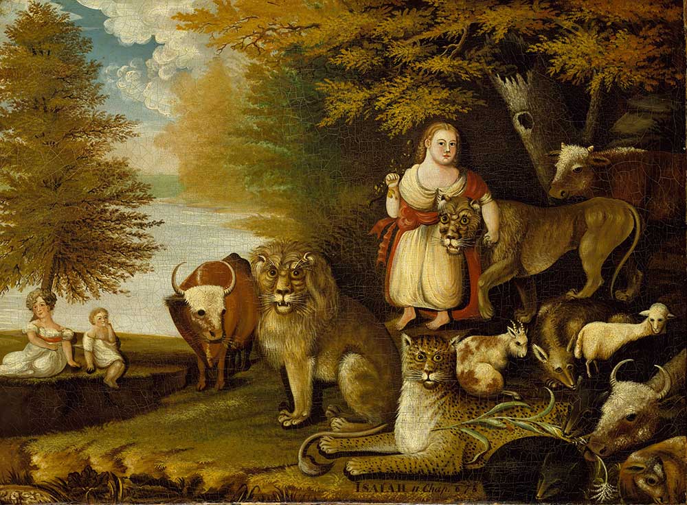 Peaceable Kingdom, by Edward Hicks, c. 1830. The Metropolitan Museum of Art, gift of Edgar William and Bernice Chrysler Garbisch, 1970. Peaceable Kingdom, by Edward Hicks, c. 1830.