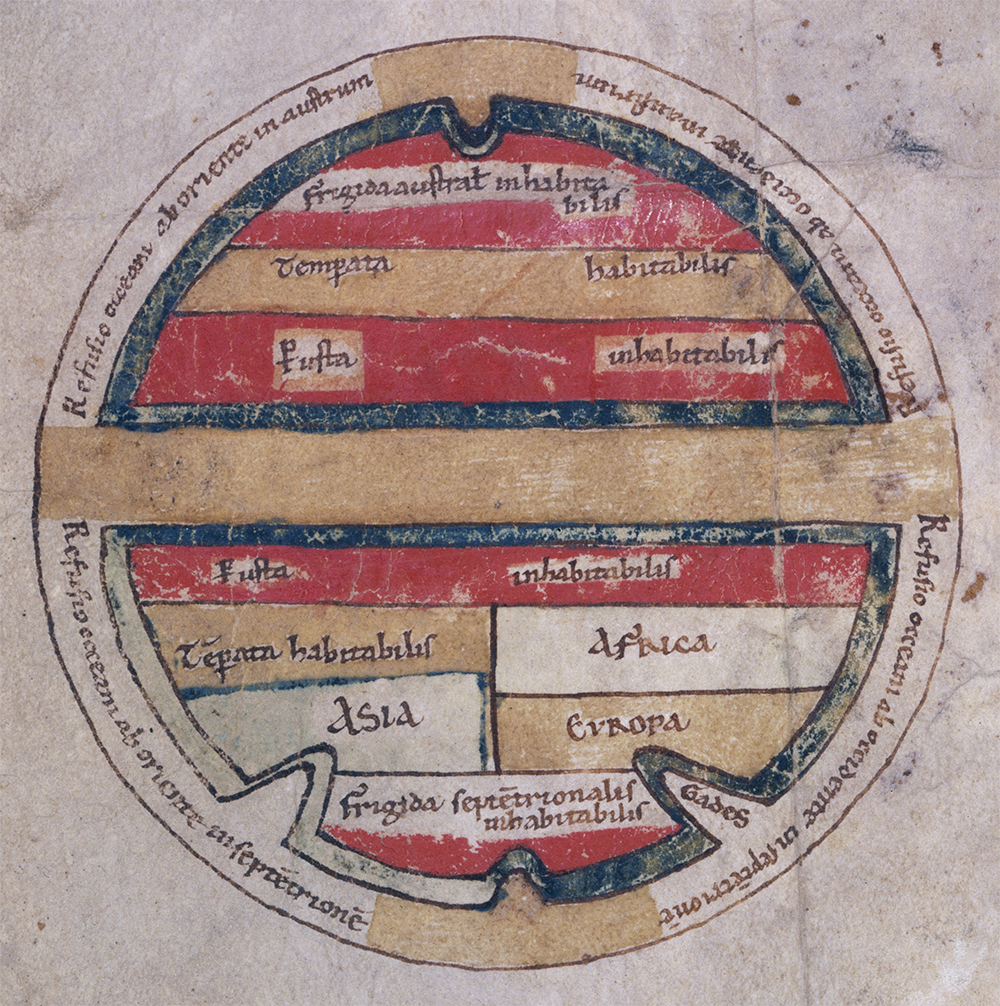 Globe divided into climate zones, miniature from a twelfth-century edition of Macrobius’ Commentary on the Dream of Scipio. © DeA Picture Library / Art Resource, NY.