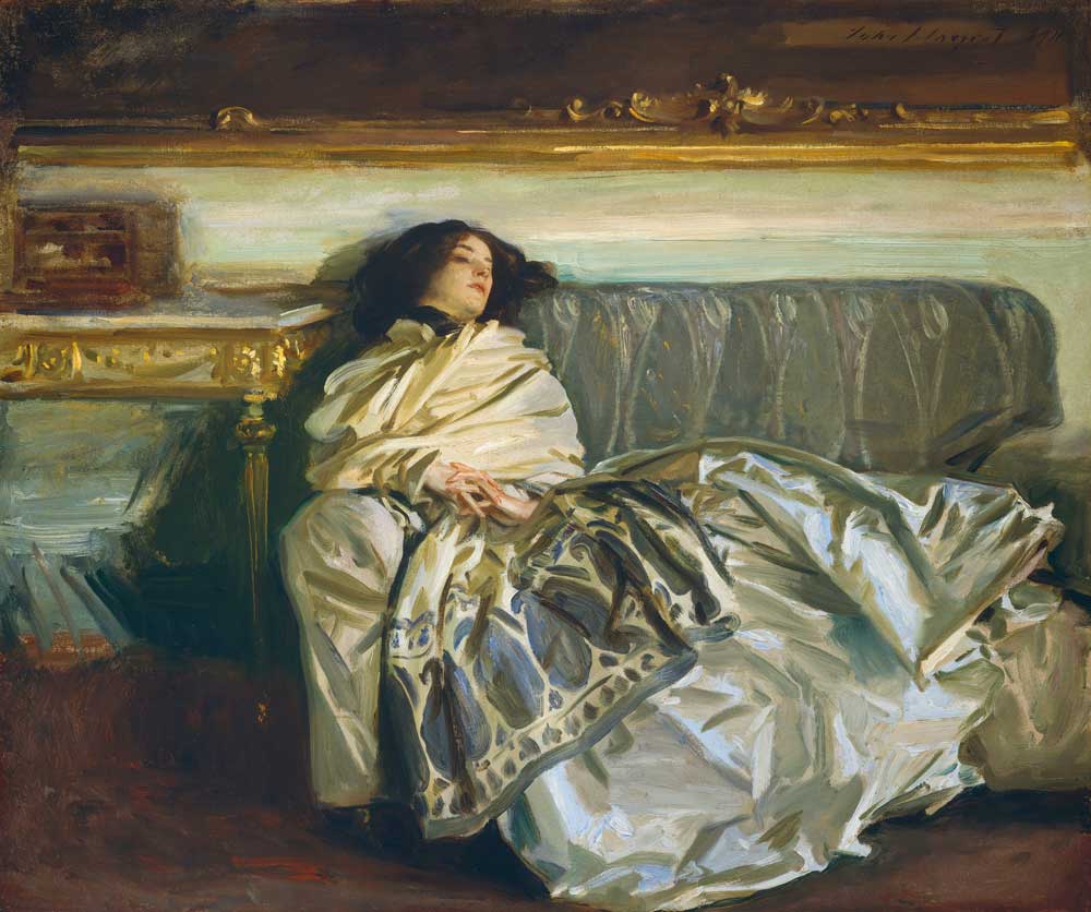 Nonchaloir (Repose), by John Singer Sargent, 1911. A woman with pale skin and dark brown hair is swathed in silk as she reclines along a gray couch.