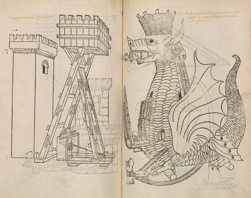 Illustrations from Roberto Valturio’s On the Military Arts, by Matteo de’ Pasti, 1472.