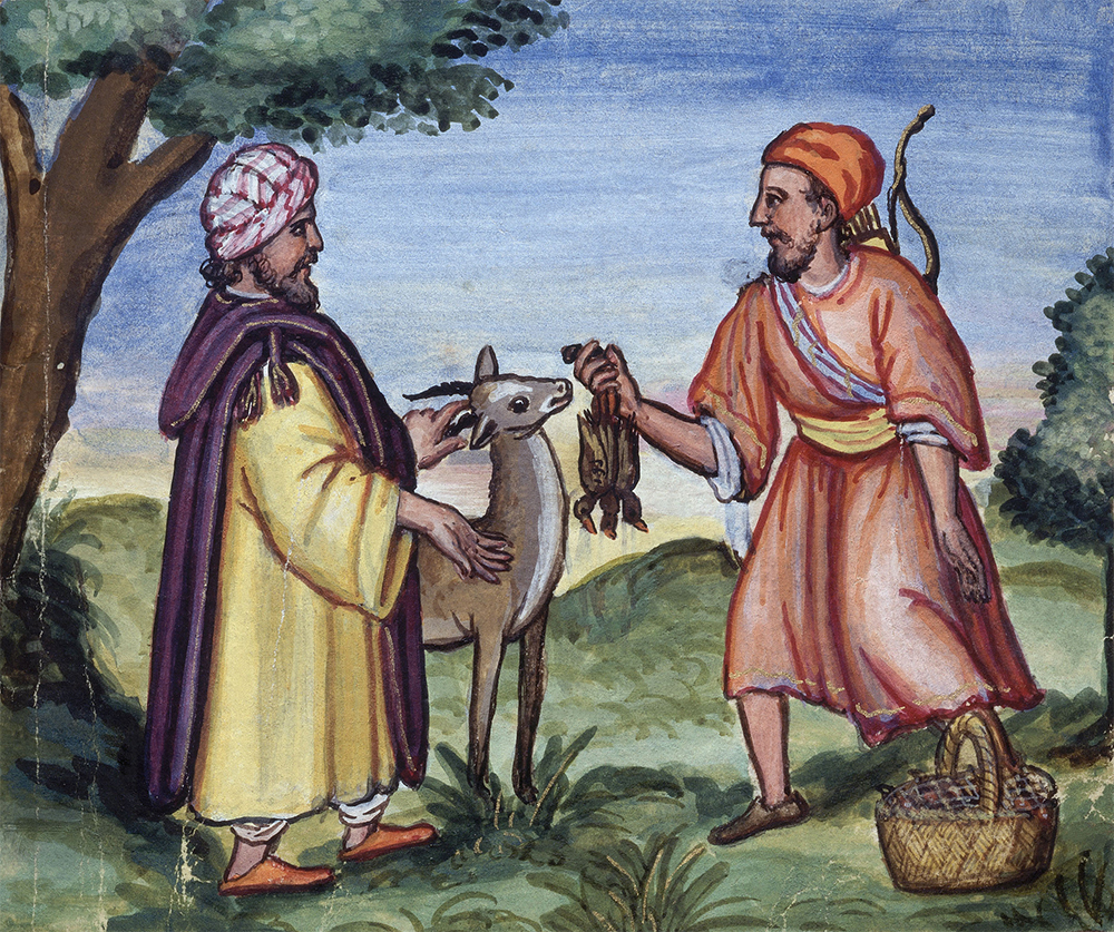 Meeting between a merchant and a hunter, miniature from a sixteenth-century edition of The Just Prince by Ibn Zafar. © Album / Art Resource, NY.