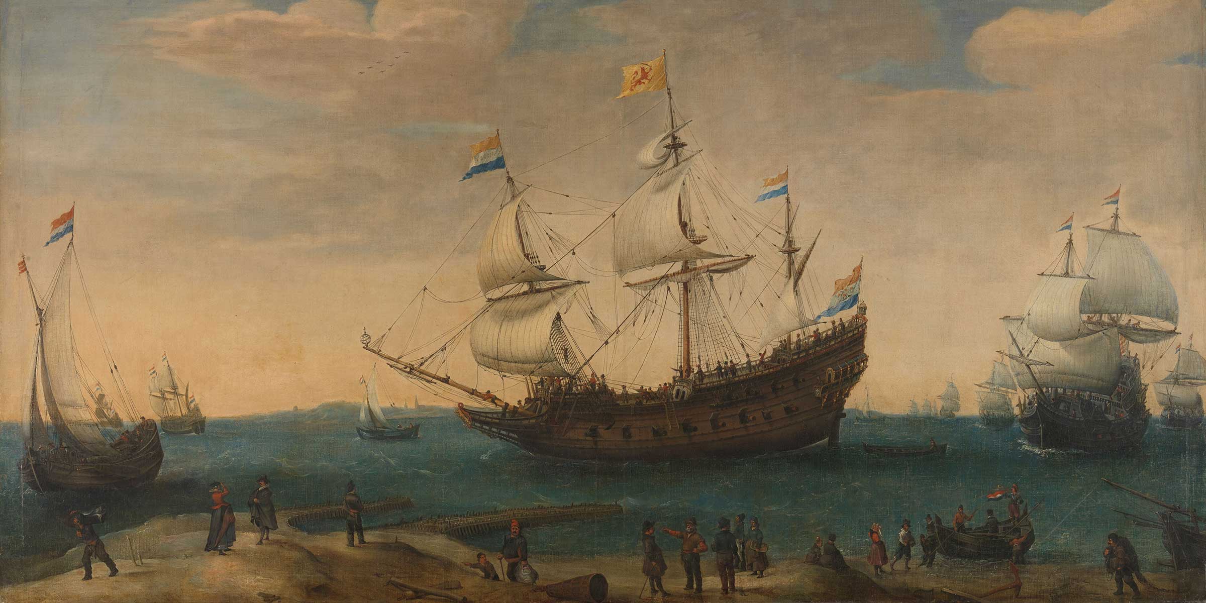 Painting of a ship just off the coast with men on land.