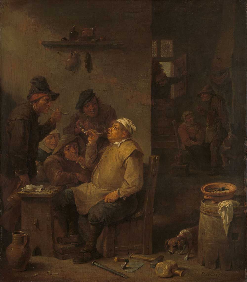 Mason Smoking with Companions in a Tavern, by David Teniers the Younger, c. 1675.