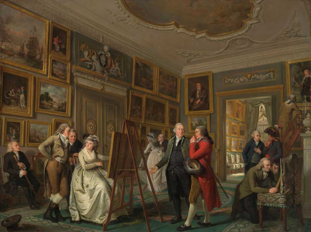 The Art Gallery of Jan Gildemeester Jansz, by Adriaan de Lelie, c. 1795. Room turned picture gallery with several people, including a woman at an easel.