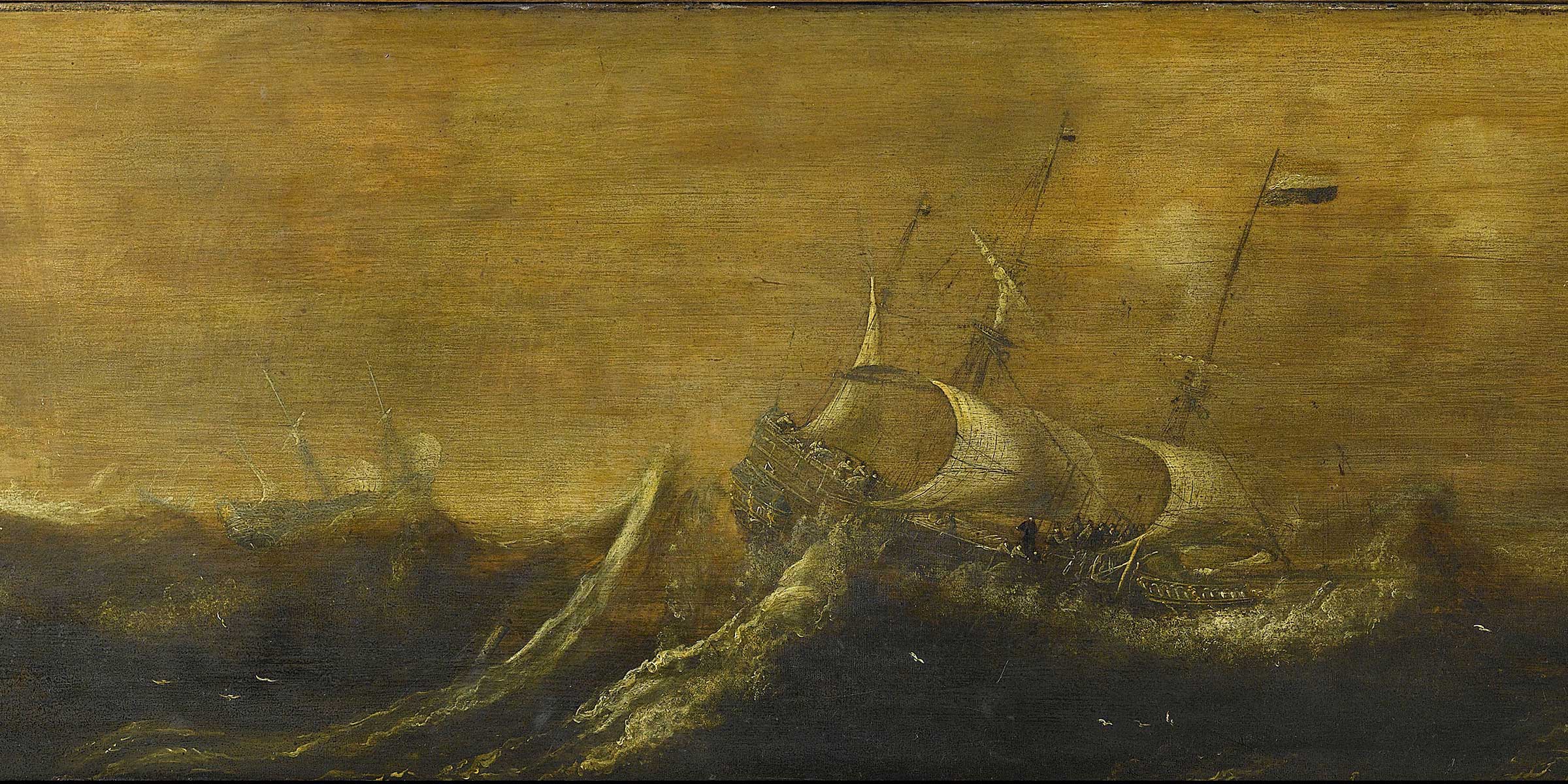Painting of a ship tilted back by high waves against a gold sky