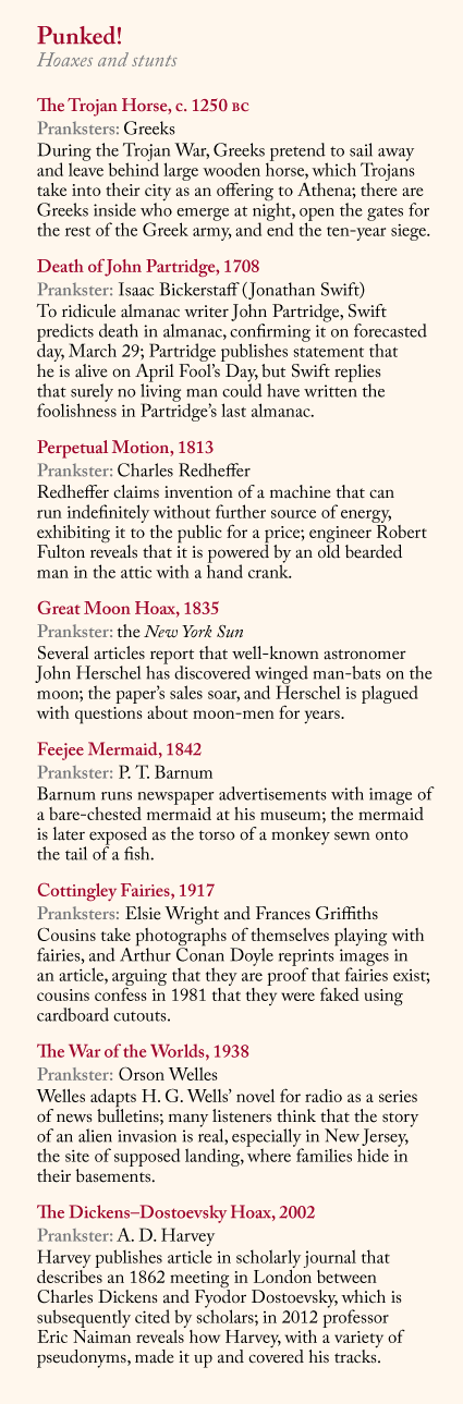 Chart of historical hoaxes and stunts.